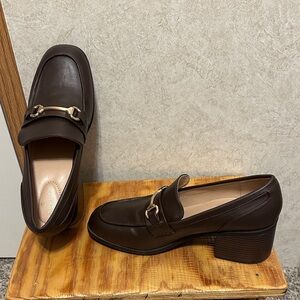 Bandolino Dark Brown Loafers with Gold Buckle w/2.5” heel.